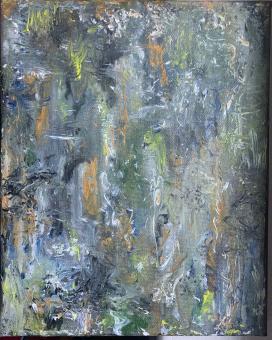 A vertical abstract painting featuring grey, white, black, yellow, orange, and blue tones. 