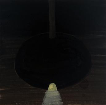 A dark black square painting with a darker black circle in the center. At the bottom of the circle, a small yellow shape like an entrance to a cave reflects yellow marks that extend to the front edge of the painting. 