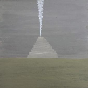 A square painting showing a dark blue grey sky with a muted green foreground. On the horizon line is a light gray triangular volcano like shape emitting a steady white line of smoke straight to the top edge of the painting. 