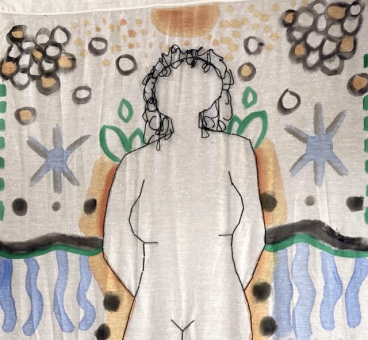 Close up of top half of large stitched black outline of a figure with no features other than black stringy short hair. Around the figure are orange, blue, green, and black symbols and shapes creating a landscape. 