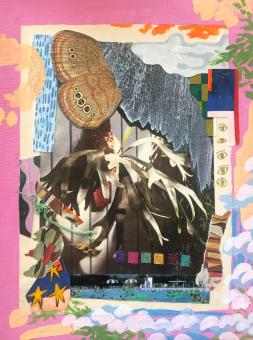 A collage featuring a pink painted rectangular border with peach cloud shapes, blue and white cloud shapes, and green leaves. In the center collage is a brown butterfly wing, string, an image of a plant, ripped patterned paper, and small drawings of green brown eyes among other ripped images. 