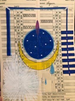Vertical rectangular timecard with a cloud liked drawing in the bottom left corner. In the center is a royal blue circle with white dots and a purple elipse in the top center of the circle. A blue rectangular line runs around the left, top, and right side of the composition. On the right side is a ladder of blu thick lines. Below the center blue circle is a yellow crescent moon shape cradling the circle. 