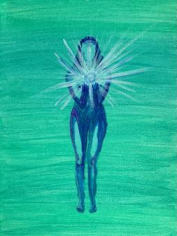 Green blue painted background with a royal blue faceless figure standing in the center bending forward holding a white and blue glowing ball. 
