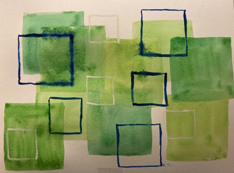 Squares in different shades of green overlap along with black and white outlined squares. 