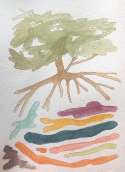 A watercolor painting of a simplified tree with spread out light green brush and wide spreading brown roots and trunk. Below the roots are organic shapes mimicking the roots of the trees, these are solid colored purple, coral, yellow, orange, navy, green, light blue, and dark brown. The background is a textured white watercolor paper. 
