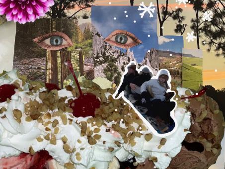 In this digital collage, there are landscape images and trees featured in the background with a large banana split in the foreground. On the right side of the banana split are three individuals sitting on a snowboard with a white outline. In the top left corner is a purple dahlia and in the center is two blue eyes. 
