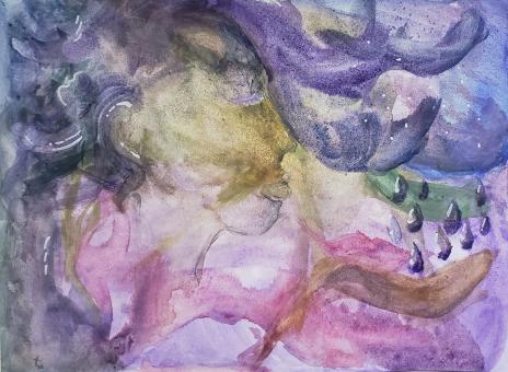 An abstract watercolor painting of purple, blue, brown, magenta, and green colors. In the far right side are some purple rain/tear drop shapes with a white shine. 