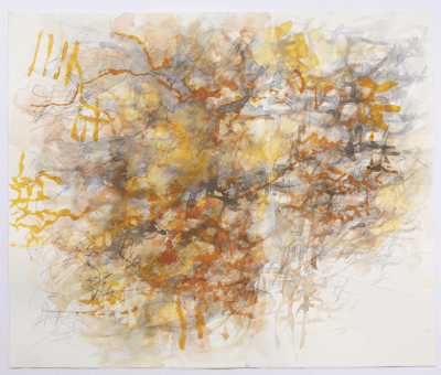 Abrstract yellow, orange, and grey watercolor splotches and grey scribbly lines.