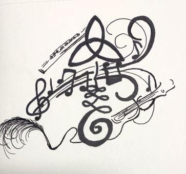 Black ink drawing of different musical symbols, lines, and swirls centered in the middle of a white square piece of paper.