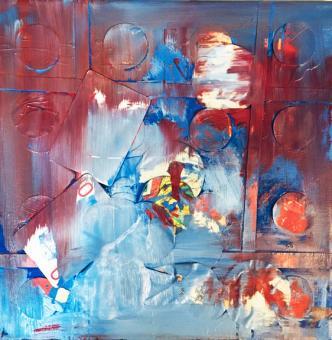 Abstract acrylic painting using shades of blue white, and red paint. Textural elements such as a grid, circles, and playing cards are embedded under the paint. 
