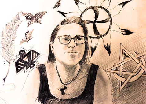 Pencil drawing of a figure wearing a black tank top, necklace, and glasses in the center looking at the viewer. Various symbols are in the background including cultural and religious symbols. 