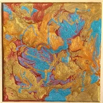 An abstract painting of several different colors. Metallic gold, orange, and light blue make up most of the space with some dark red seeps in between the small spaces between these colors. The colors are intermixed with each other in variously sized segments.  