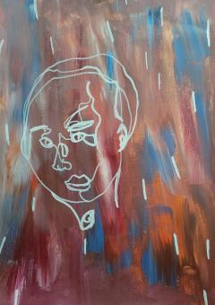 Painting. In the foreground, in white, is a thinly outlined face. The background is made up of various brush strokes in blue, orange, tan, red and white. These colors are very distinct in some places and blend together in others. Also scattered on the background are small thin lines of the same color as the face. 