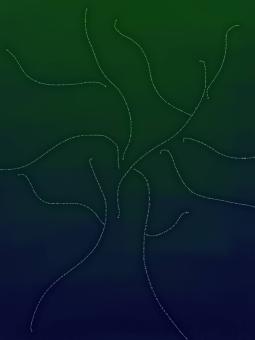 Digital art. The image depicts the outline of a tree made up of white lines which are made up of small words. The background is a gradient of color which starts as green at the top and begins changing to navy blue at the center. 