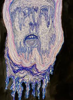 Mixed Media. On a black background is a drawing of a face drawn in blue pen. The face appears to be melting or dripping away. The mouth is down turned, and it is dripping away. There are also drips around the eyes and nose. Surrounding the face are red and blue lines and below that are purple, blue, and black squiggles. 