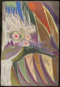 Drawing. An abstract depiction of a monster. There are several different colors at the bottom are large pointy triangles in the colors green, pink, orange, and yellow. Above this are three white circles with pink in the center. Surrounding the monster are abstract shapes in different colors. 