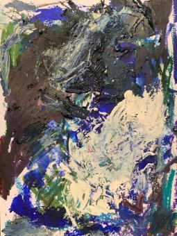  Painting. In the top left corner of this piece is a large black area of paint that extends diagonally from the top right corner down. The bottom corner of the painting is a large white area of a similar shape to the black one. Scattered around and on top of these large areas of paint are varying shades of blue, green, and purple. 