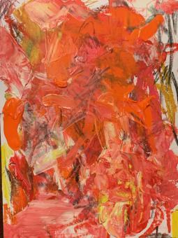 Painting. This piece is abstract and made up of the colors yellow, orange, black, and red. The colors are mixed all together with the most prominent ones being orange and red. The black areas appear to be drawn with colored pencil. 
