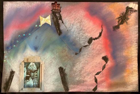 Mixed media. In the bottom left corner of this piece is a cutout of a doorframe, through the door frame is a black and white image of a mineshaft. In the background, extending out from the mineshaft are different colors starting with green, then blue, pink, red, purple, and orange. On the backdrop there are cut outs of a window, an organ, and the letter X. There are also some black lines and squiggles in the piece in various places. 