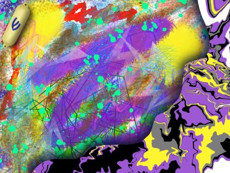 Several bright colors and patterns make up the entirety of this piece. In the bottom right corner is a swirly marbled design made up of the colors purple, yellow, black, and grey. The rest of the piece is taken up by various paint splatters and brush strokes in several rainbow colors. In the top left corner is a yellow oval shaped object with the letter E written on it in dark blue.