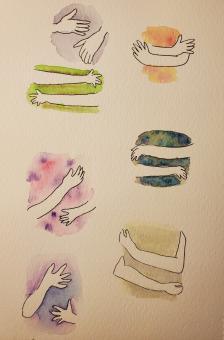 Seven mini drawings of arms with hands on a piece of paper