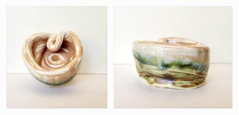 two different views of a clay bowl with white and green paint