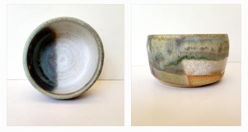 two different views of a green, black and white clay bowl