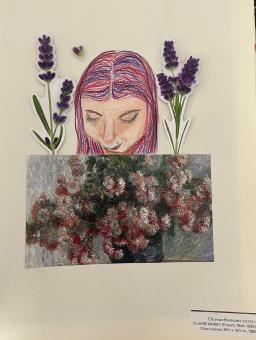 Photo of a canvas with a girl with pink hair drawn on and flowers surrounding her