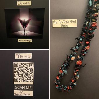 Photo of silhouette of an angel with text "December - Devils and Angels," QR code for song Victoria's Secret by Jax, and colorful braided material with text "The Ties That Bind Braid"