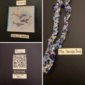 3 images against black background where first is a print of whales that says "January - whales are starlight. 2nd image is a QR code that says "music - scan me - sleeping at last - Saturn." 3rd image is colorful braided material that reads "The Starlight Braid."