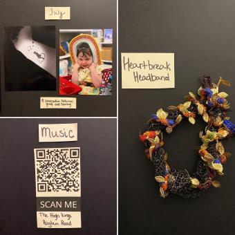Photos of an arm with a tattoo of a cat on a cloud and of a child holding braided fabric with the text, "July - A conversation between grief and healing." Another image of a QR code that reads "Music - SCAN ME - The High Kings - Raglan Road." Third photo is of black, blue, gold, red and orange material with text, "Heartbreak Headband"