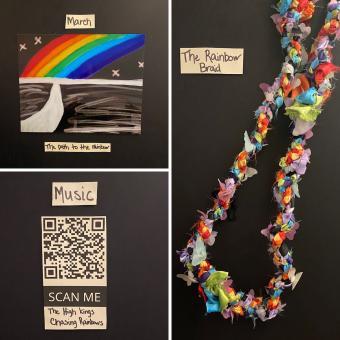 three images over black background with drawing of a rainbow and a road that reads "March - The path to the rainbow," a QR code that says "Music - SCAN ME - The High Kings - Chasing Rainbows," and colorful braided material with the text, "The Rainbow Braid"