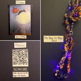 photo of black cat jumping over the moon carrying pumpkin carriage next to text "October - Black Cat Magic," QR code for song "Night Elf Waltz - Derek + Brandon Fietcher," and braided material next to text "The Black Cat Magic Braid"