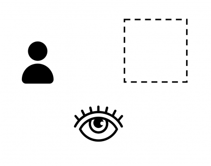 A diagram with a head and shoulders, dotted square line and an eye.