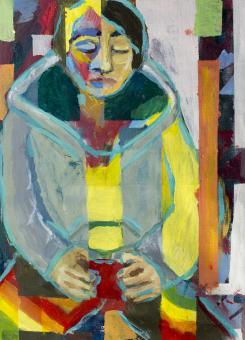 oil painting of man in hooded sweatshirt with stacked grid technique. 