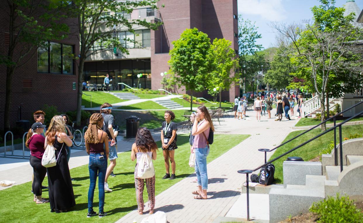 orientation group at green space on doble campus