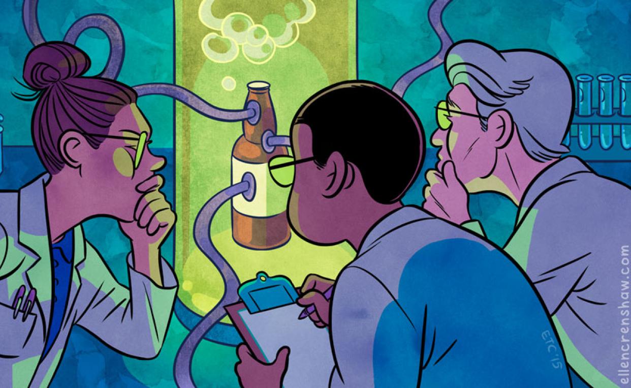 illustration of three scientists in a lab looking at  green lit brown bottle with tubes coming out of it