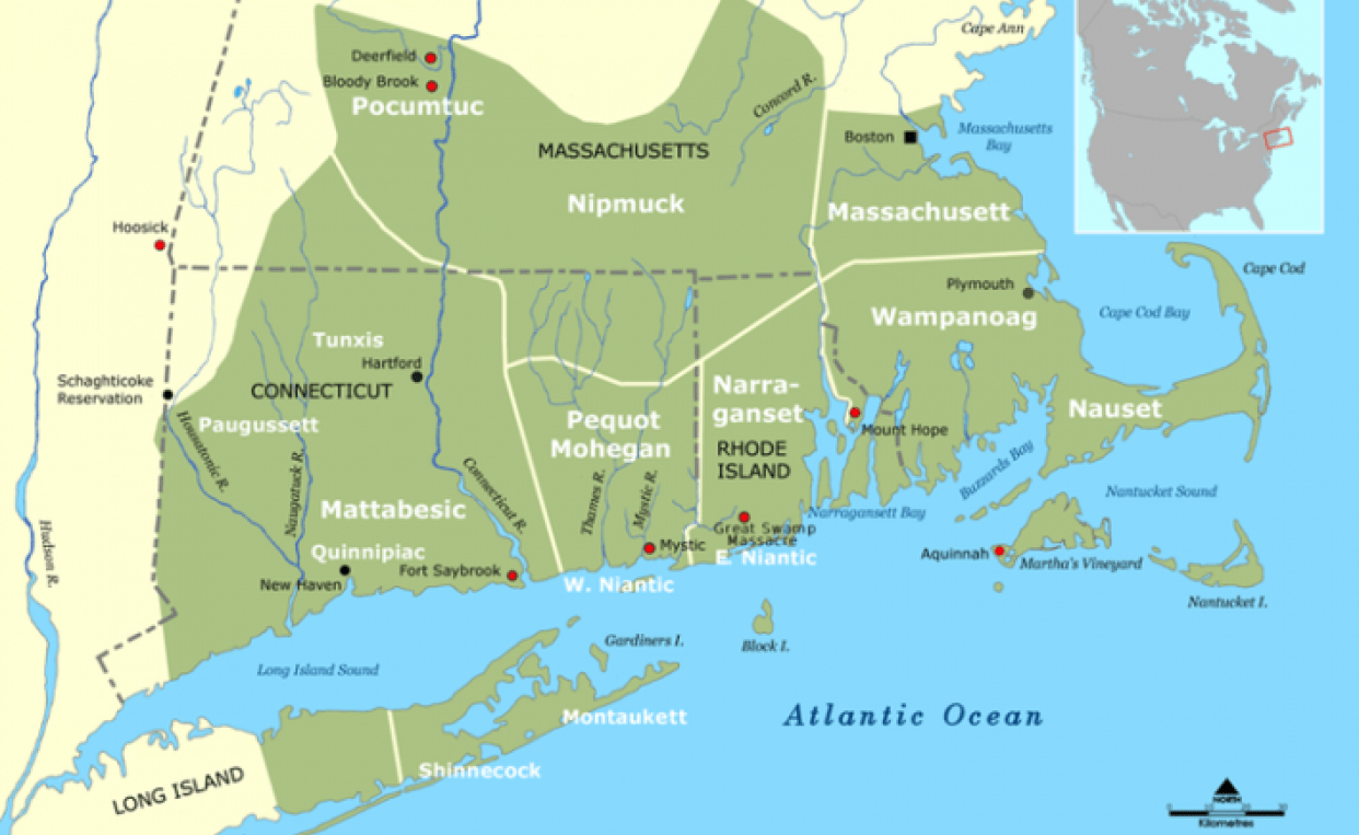 Map of Massachusetts and Rhode Island with native lands shaded