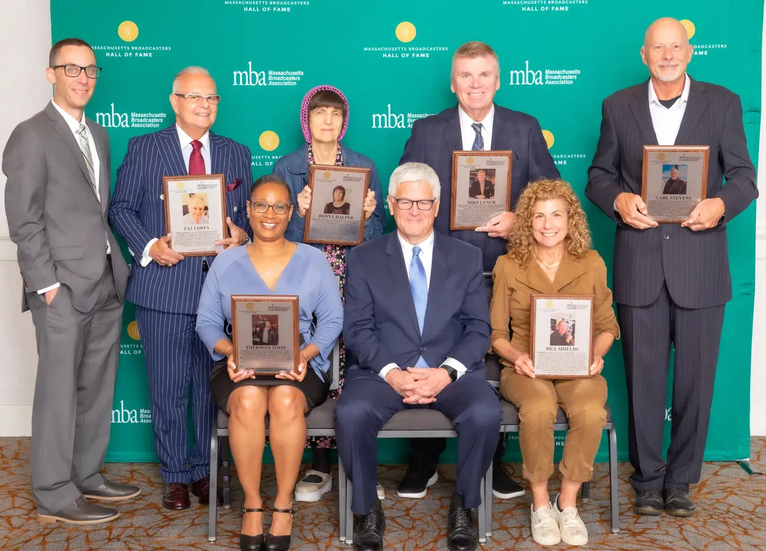 Group photograph of inductees in Massachusetts Broadcasters Hall of Fame