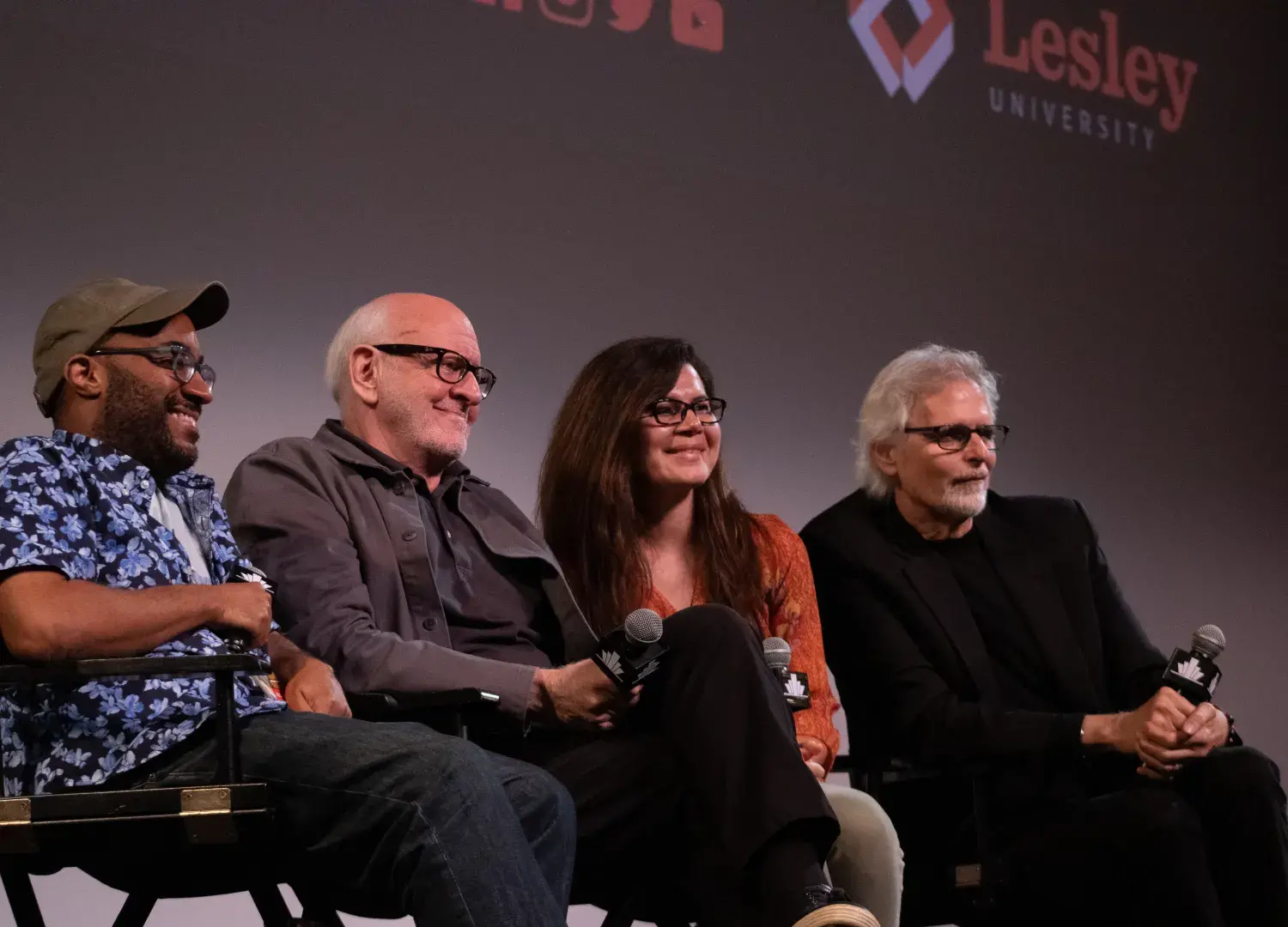 Billy Thegenus, Frank Oz, Ingrid Stobbe and William R. Pace on stage Oct. 11 at Coolidge Corner Theater in Brookline.