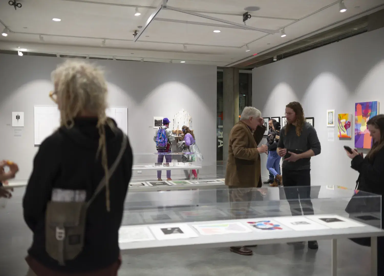 People in the Roberts Gallery during an exhibition looking at artwork