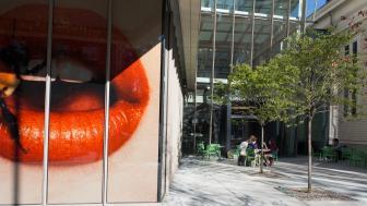 A larger than life Irving Penn photo of red lips taken from outside Lunder Art Center