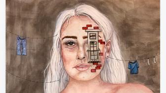 Watercolor painting of Amanda Nahodil with a sink and other household things painted on her chest and clothing lines hung from the side of her head.