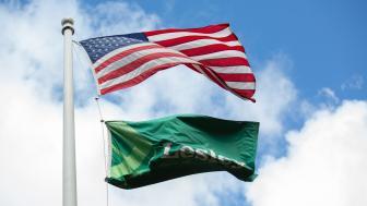 American flag and Lesley flag