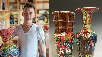 Two photos: Left, Arthur Halvorsen holding a large, colorful vase in a studio. Right, two colorful vases.