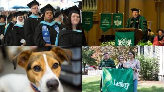 Four pictures from the year: students at graduation, President Weiss at the podium during his inauguration, students hold the new Lesley flag they designed and a closeup of Tally the therapy dog.