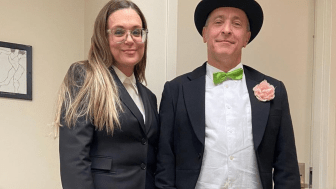 Cindy House and David Sedaris in a top hat