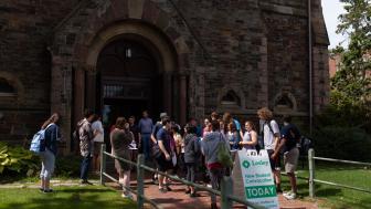 Students outside the church getting ready for Convocation