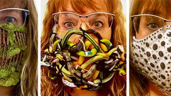 The artist in three different masks: rusted nails and moss, rubber snakes and googly eyes.