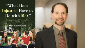 Two photos: One of the book cover which has kids sitting in a half circle talking on a lawn and the right a headshot of David Nurenberg